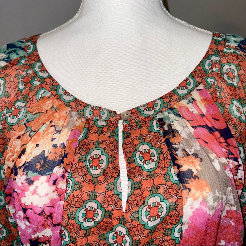 Fig & Flower Women’s‎ Sheer Floral Orange Pink Green BOHO Chic Casual Blouse Top - Picture 5 of 13